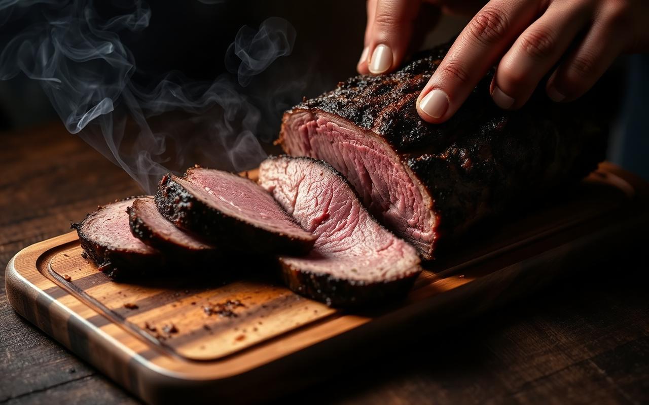 Sliced smoked brisket on a wooden board — food trend research