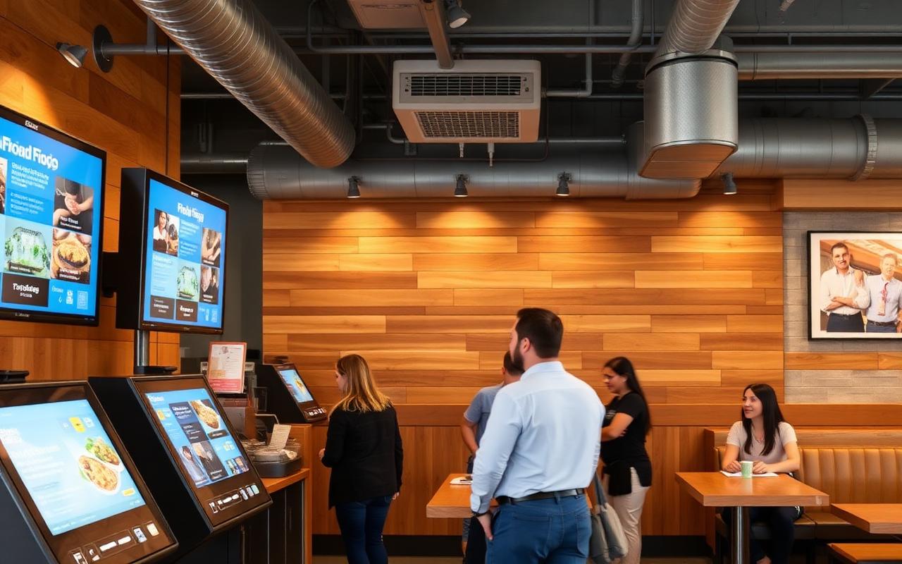 Modern fast casual restaurant interior with digital kiosks