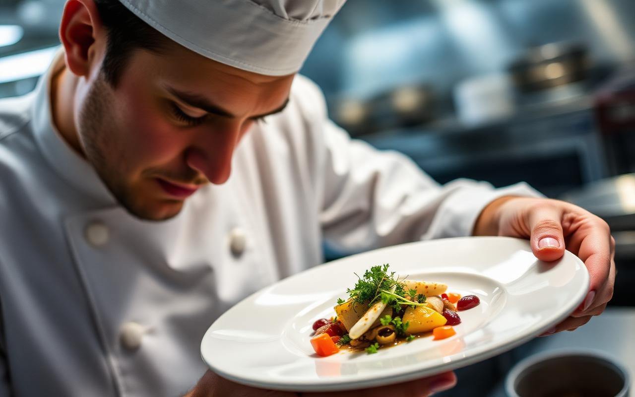 Chef plating a refined dish