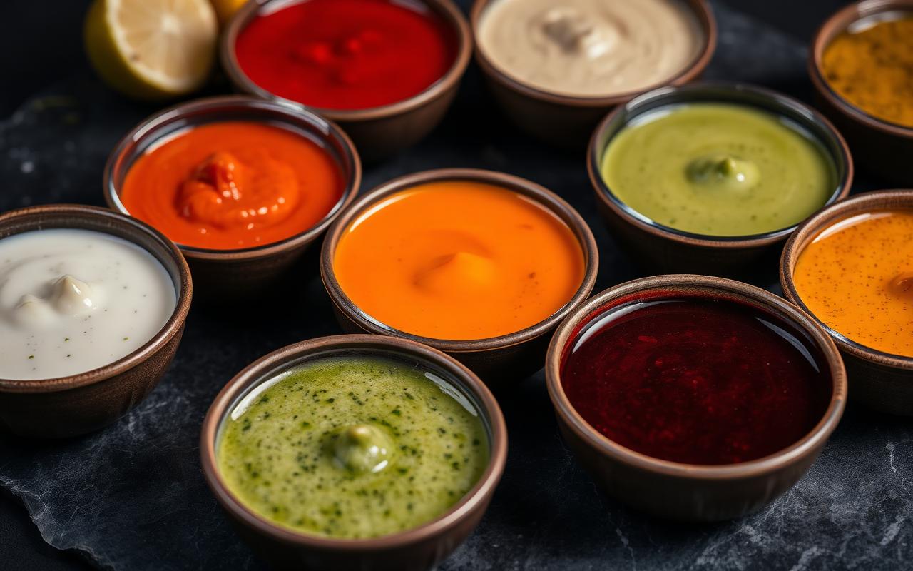 An array of colorful artisan sauces in ceramic bowls