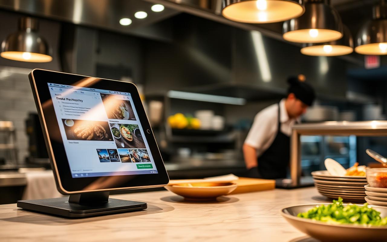 A tablet POS system on a kitchen pass
